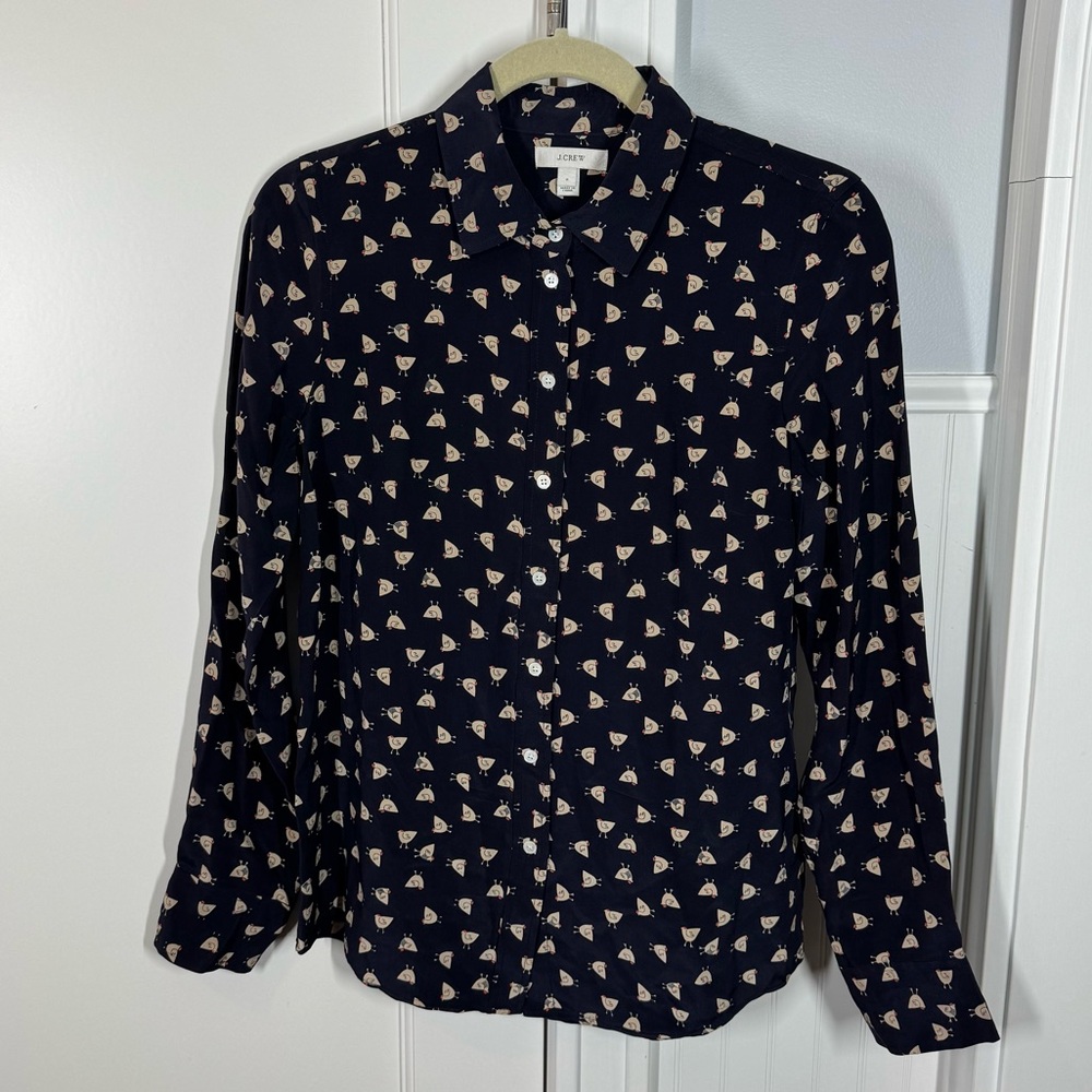J. Crew French Hen Blouse Women’s Navy 100% Silk‎ Print Shirt Preppy Size 2